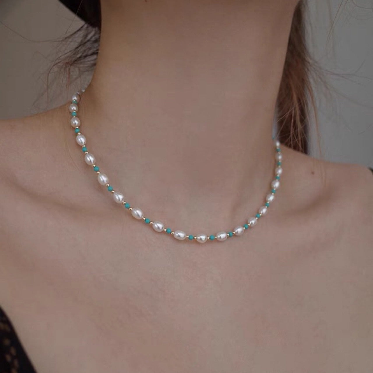 Freshwater Pearl Necklace Turquoise Women's Versatile High-end New Chinese Style Dopamine Beaded Clavicle Chain Necklace Wholesale